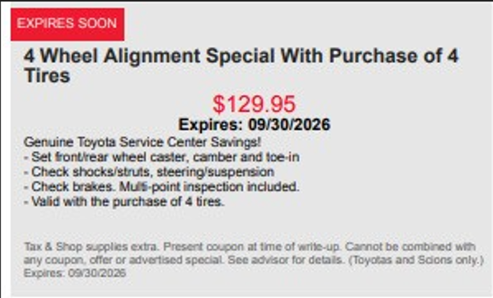4 Wheel Alignment Special With Purchase of 4 Tires**